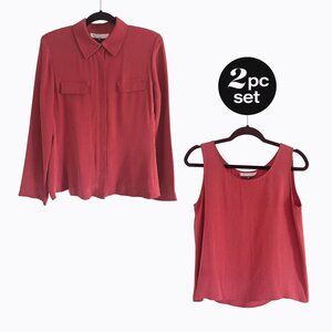 2PC: Vintage Travis Ayers Blouse Tank Set Sz 8 Red Silk Career Preppy Academia